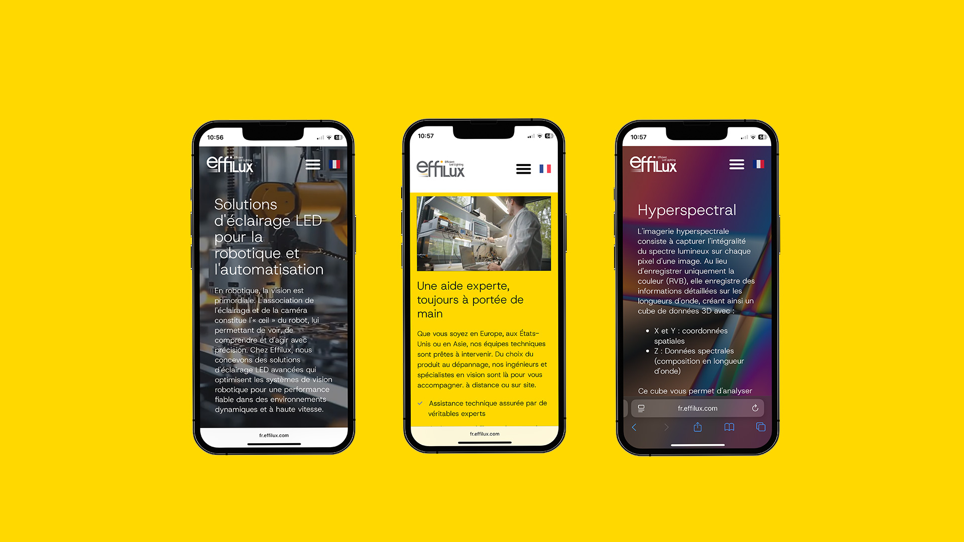 Pages du site web Effilux, industriel à Paris, vus d'un téléphone