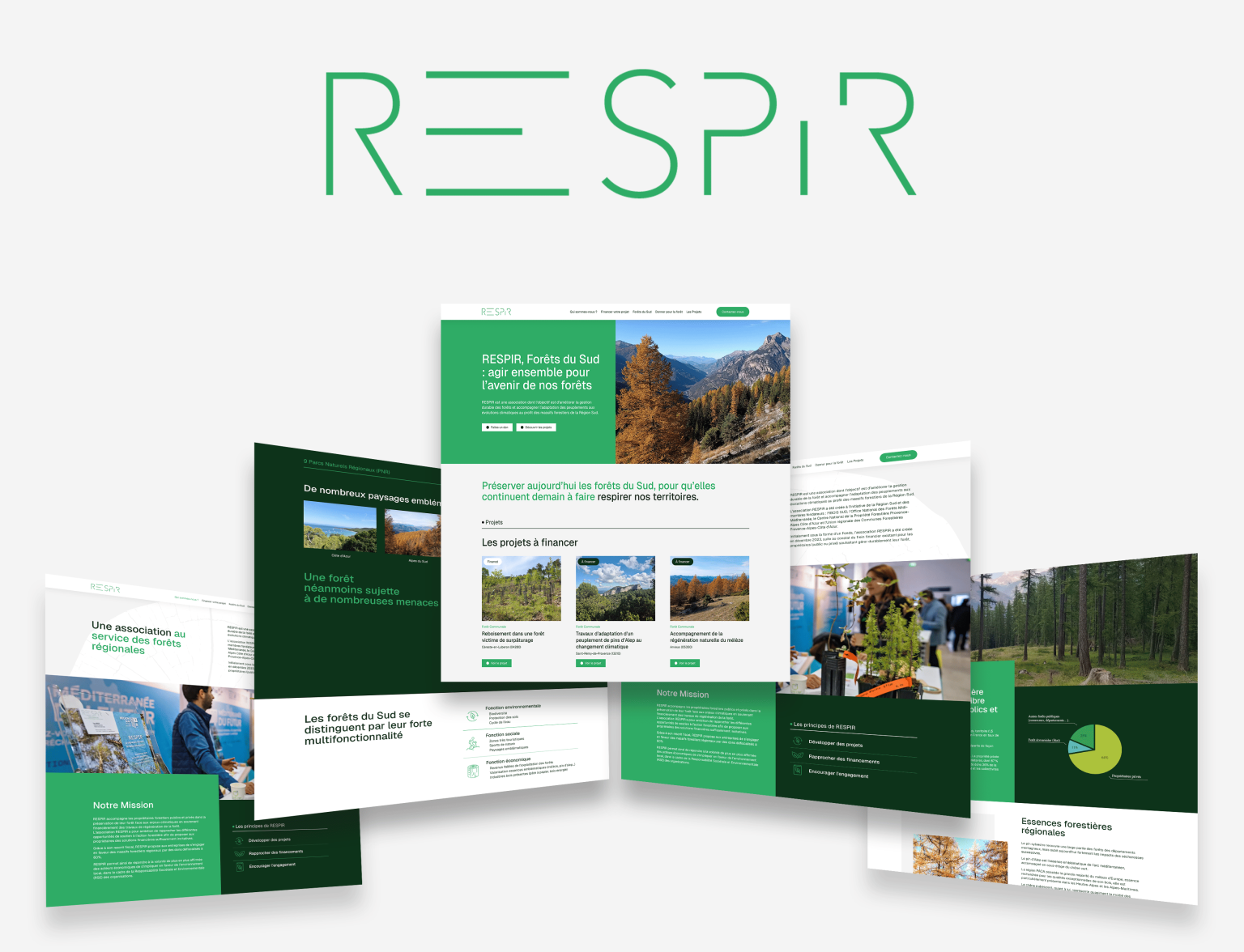 Présentation de 5 pages différentes du site web de Respir, conçu par l'agence artenium à Lyon.